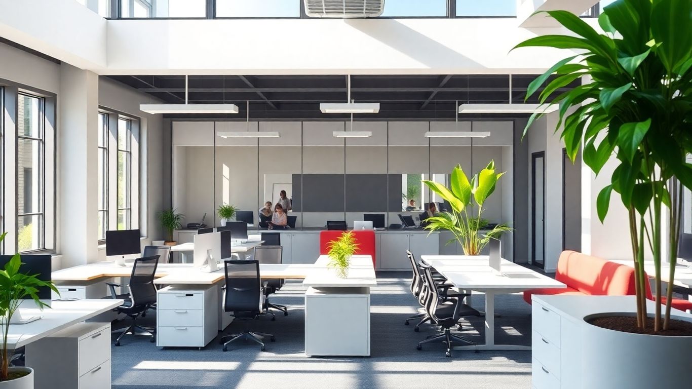 Bureau moderne avec plantes vertes et lumière naturelle