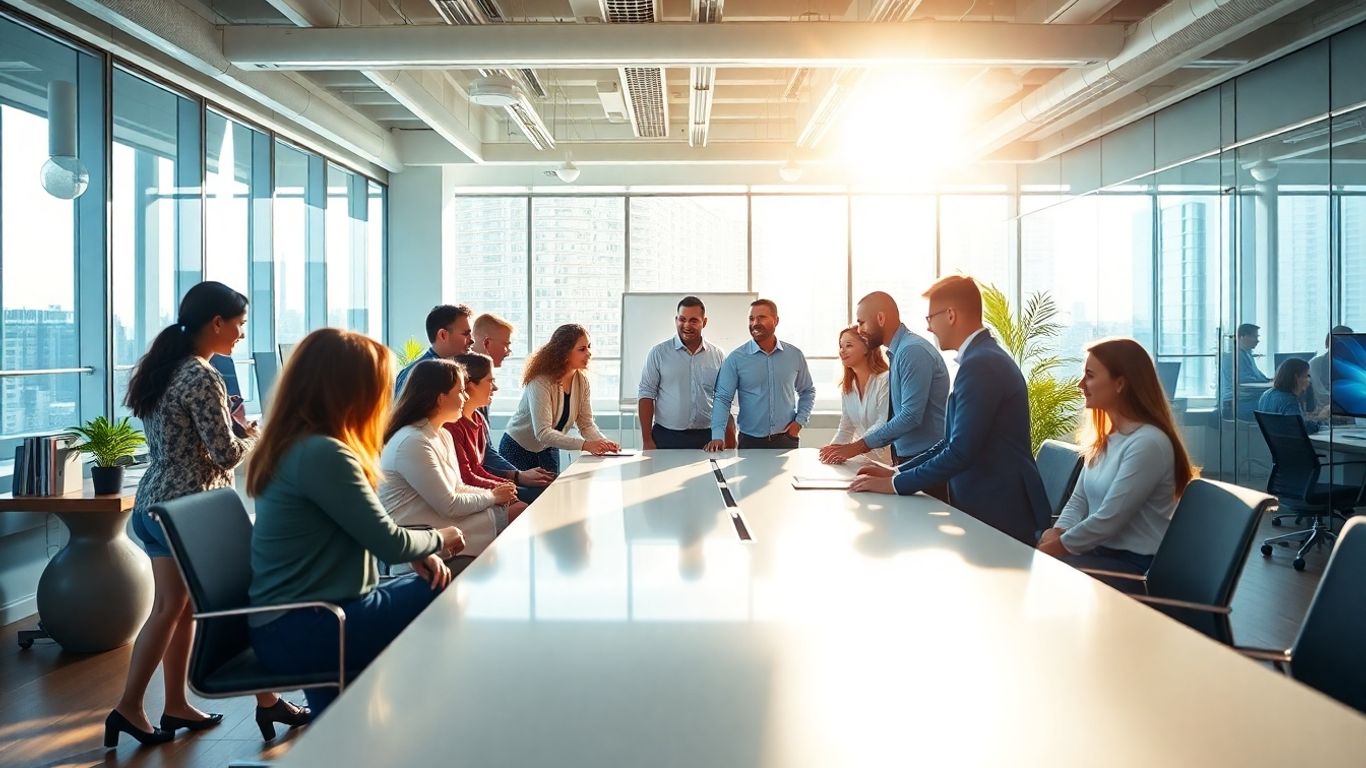 Professionnels collaborant dans un bureau moderne et lumineux.