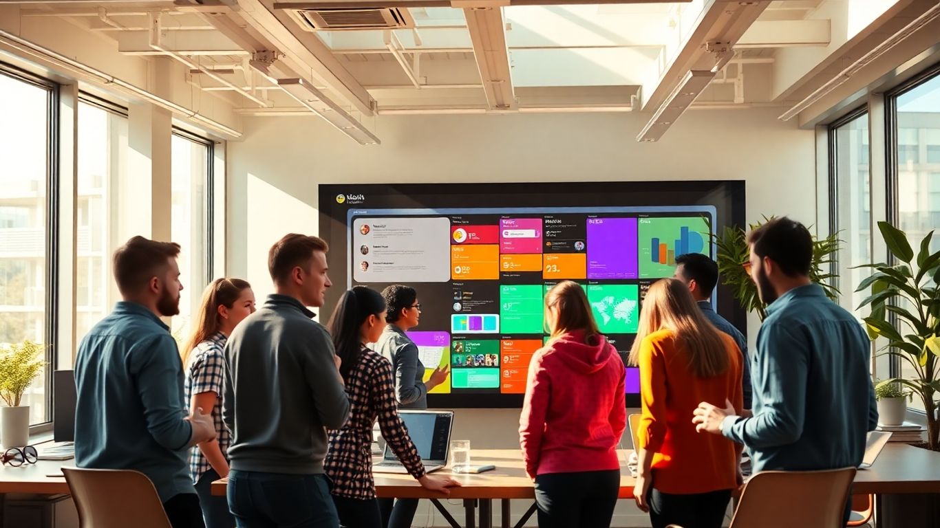 Interface visuelle collaborative dans un bureau moderne.