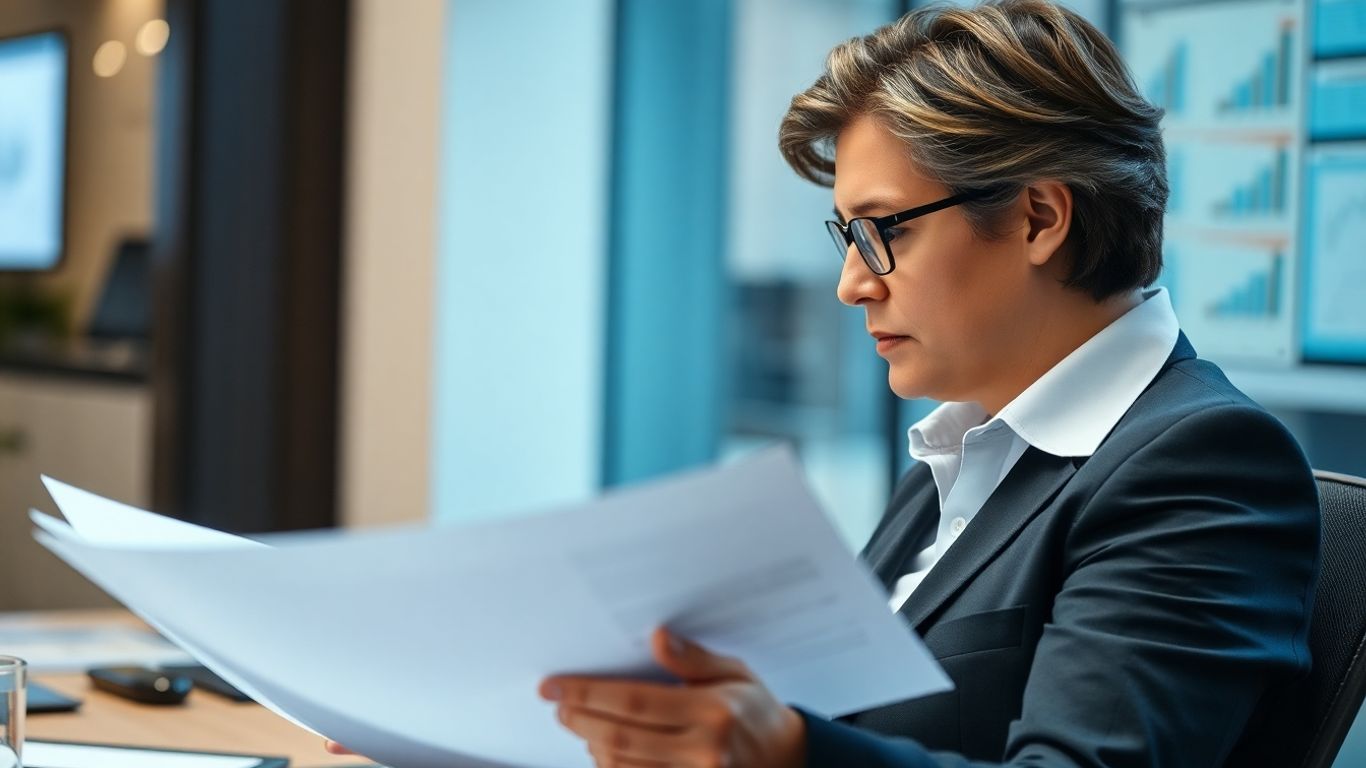 Personne analysant des documents dans un bureau