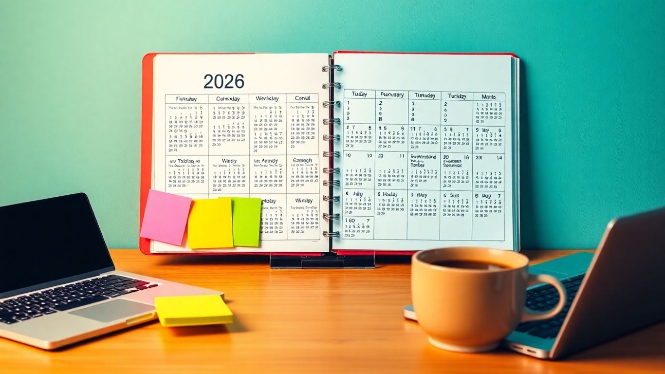 Calendrier marketing 2026 sur un bureau organisé.