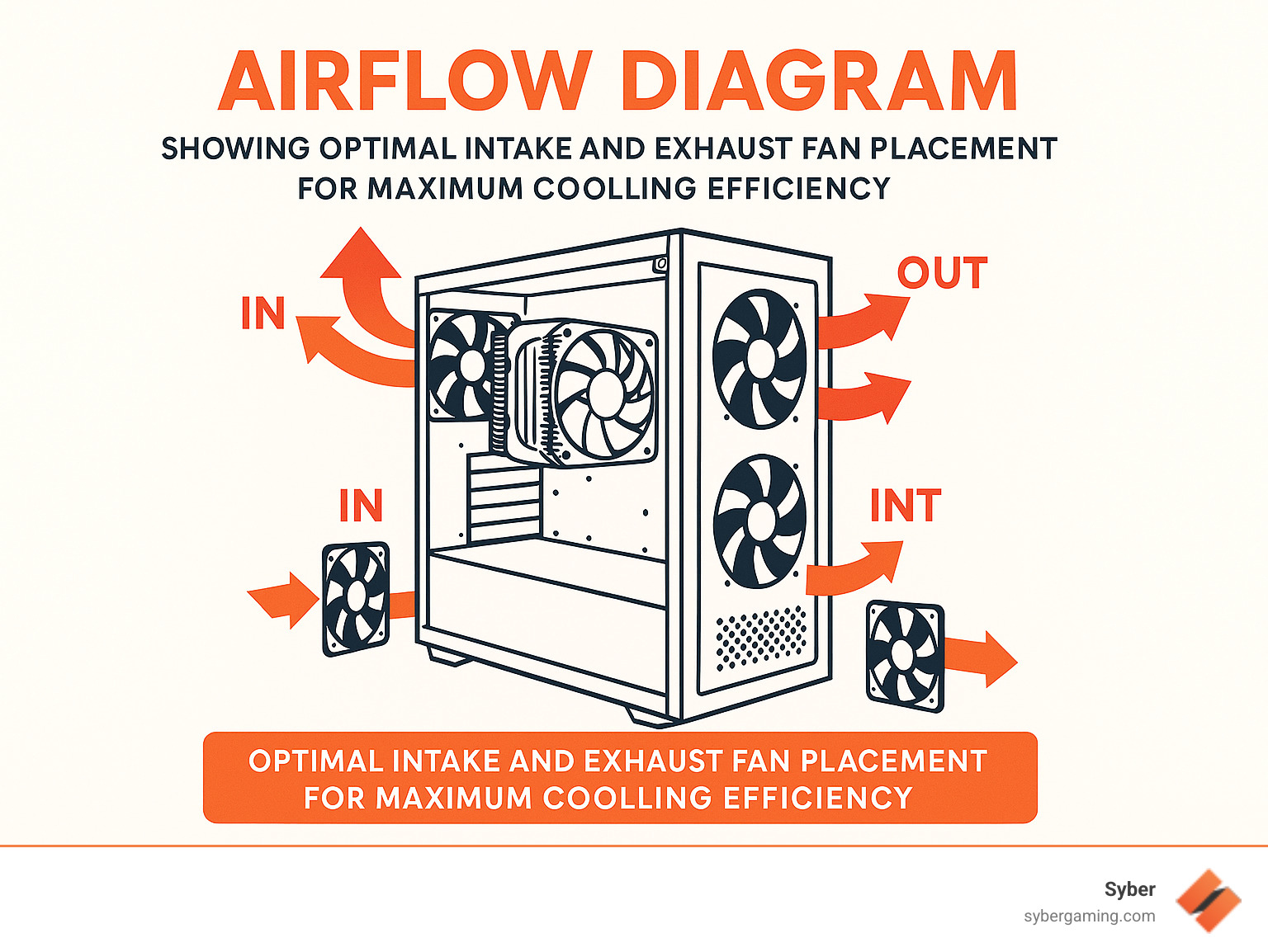 Airflow diagram showing optimal intake and exhaust fan placement for maximum cooling efficiency - best gaming rig specs infographic 