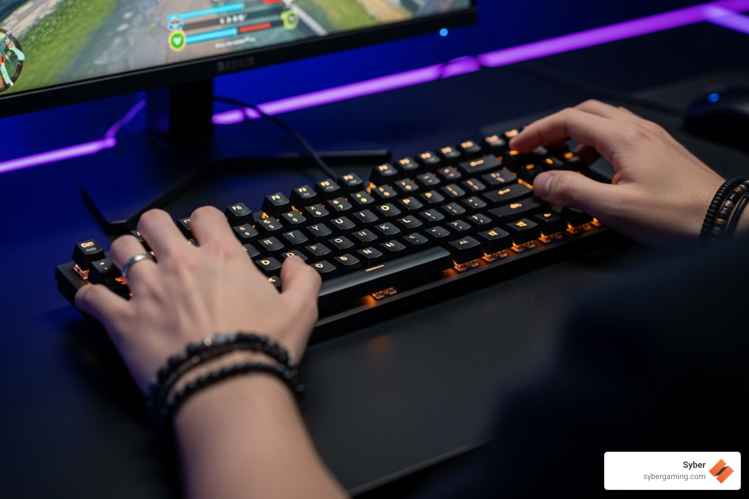 gamer's hands on a keyboard during an intense match - best keyboard switch color for gaming