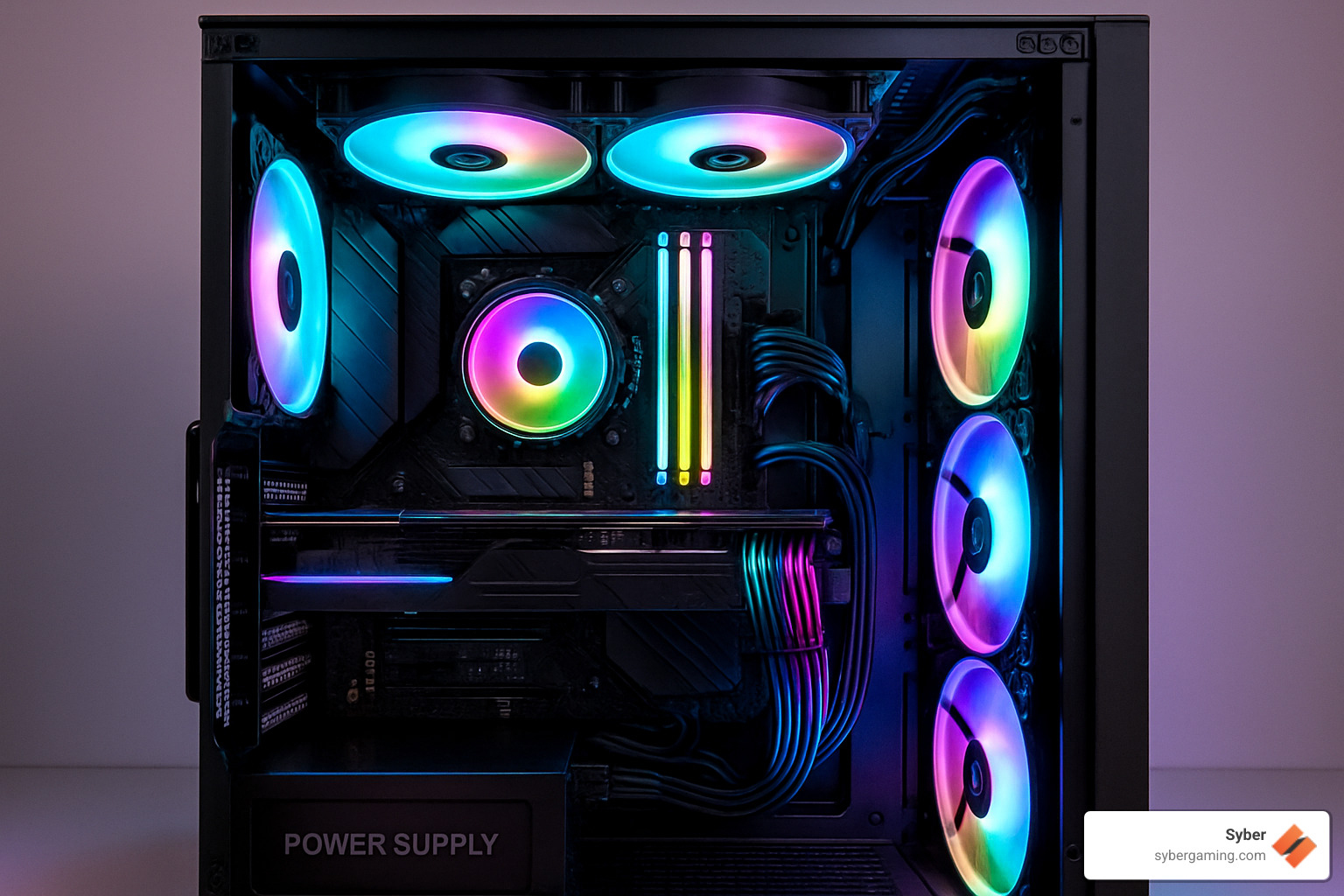 Interior view of a professionally built tower PC showcasing clean cable management, RGB lighting, and accessible component layout - best desktop computers 2025