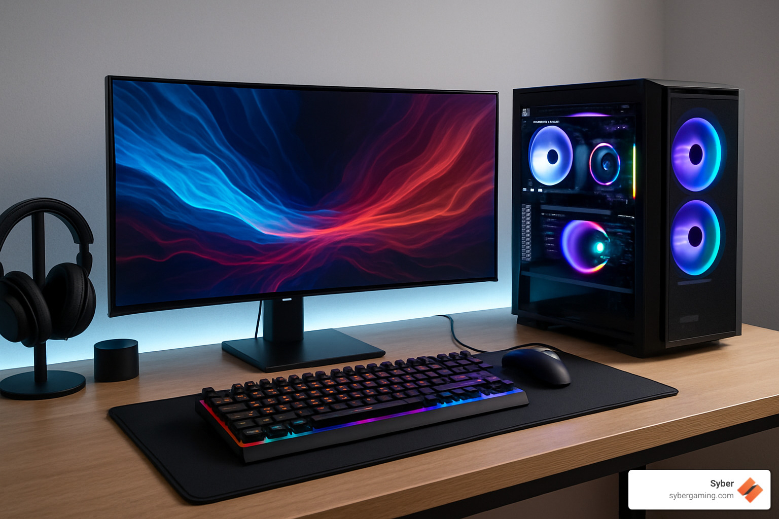 Modern gaming setup featuring a sleek desktop PC with RGB lighting, ultrawide monitor, and premium peripherals in a clean, organized workspace - best desktop computers 2025