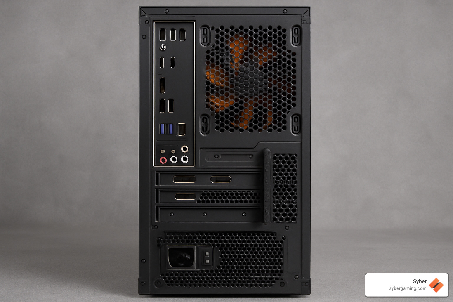Back of a Syber gaming PC showing various connectivity ports - gaming pc under $600 sale