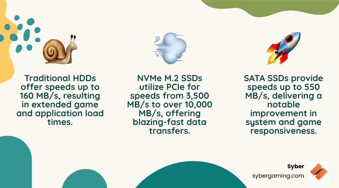 Infographic showing speed differences between traditional HDD, SATA SSD, and NVMe M.2 SSD, with NVMe M.2 being significantly faster for load times and data transfers. - 1tb m.2 infographic 3_facts_emoji_nature