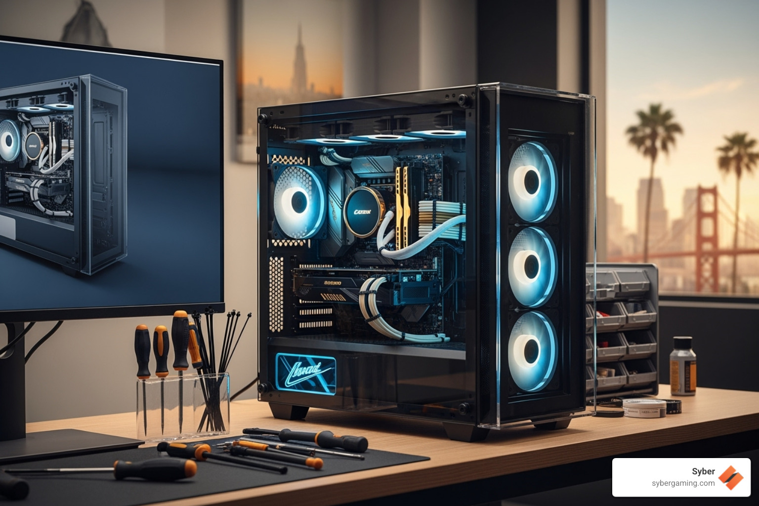 Technician carefully working on cable management inside a PC case - custom pc builder california