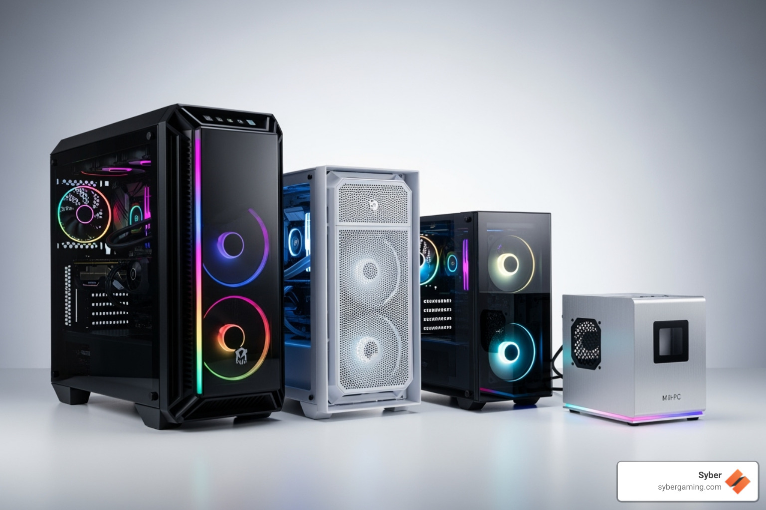 Image showing Syber PC case sizes side-by-side (Full-tower, Mid-tower, Mini-PC) - gaming desktop for sale