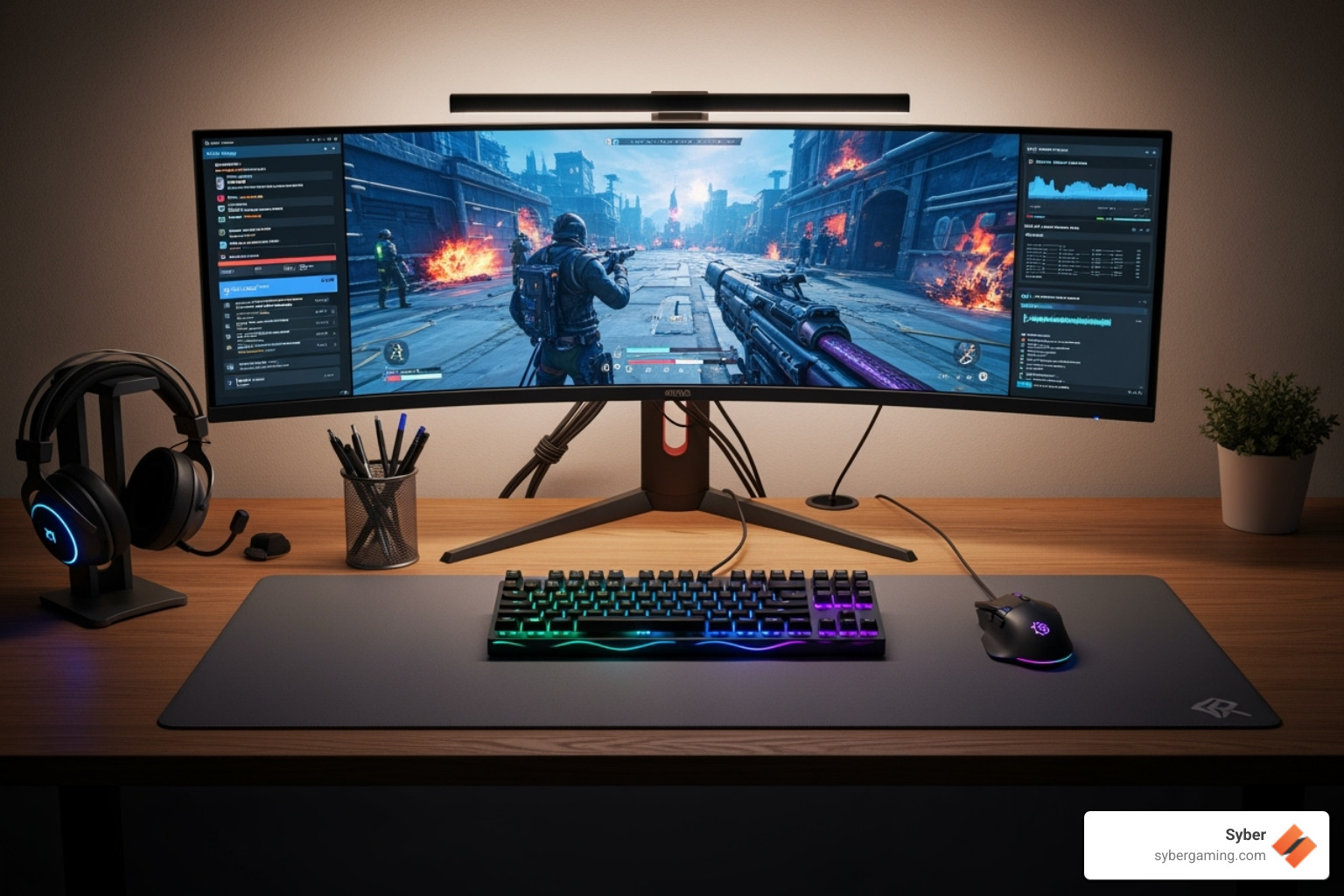 Image of a complete Syber gaming setup including monitor, keyboard, mouse, and headset - gaming desktop for sale
