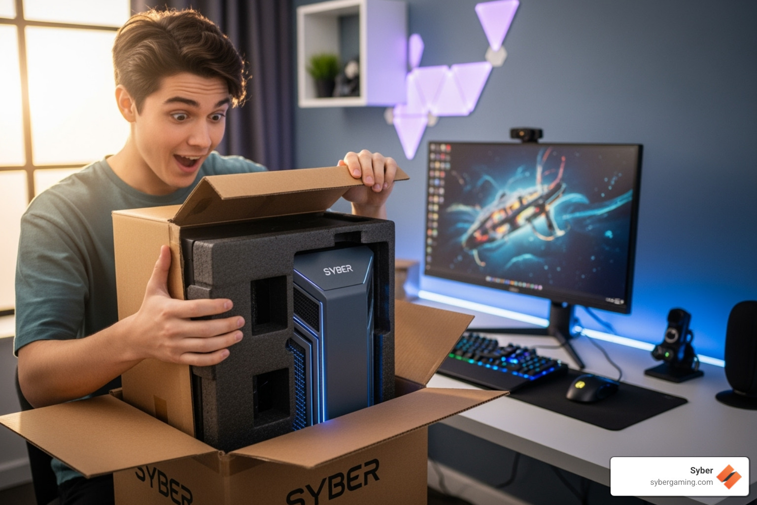 Image of a person unboxing a new Syber gaming PC - gaming desktop for sale