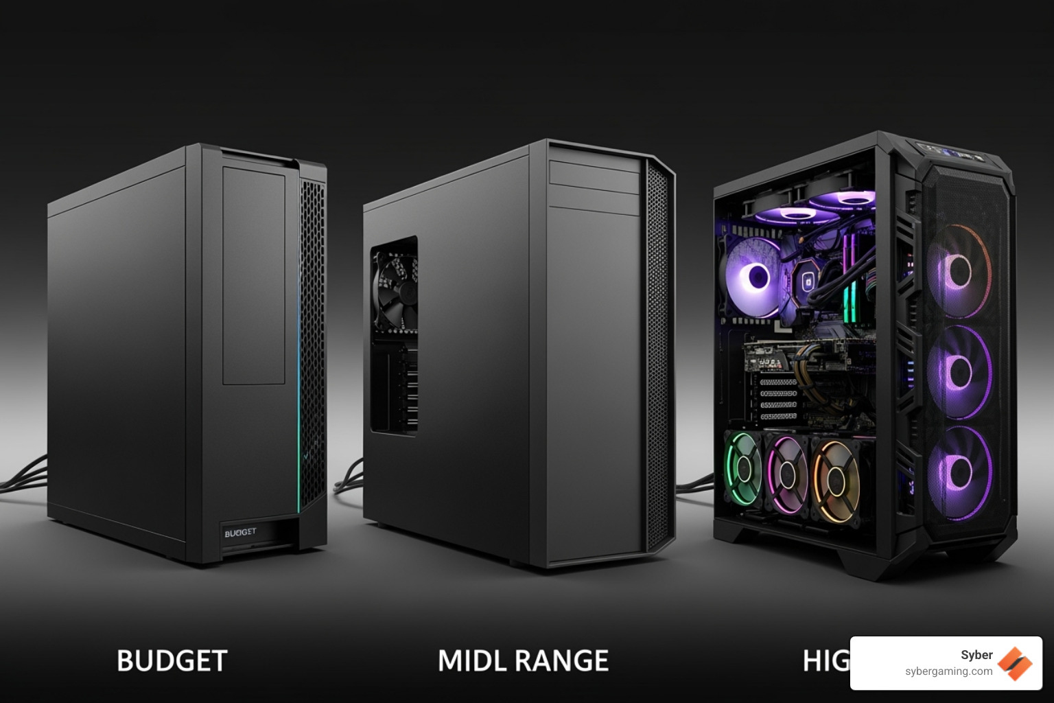Three different Syber gaming PCs representing budget, mid-range, and high-end tiers - gaming desktop for streaming