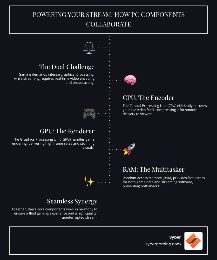 Infographic explaining the dual workload of gaming and streaming, showing how the CPU handles encoding while the GPU renders the game, and RAM supports both tasks simultaneously. - gaming desktop for streaming infographic infographic-line-5-steps-dark