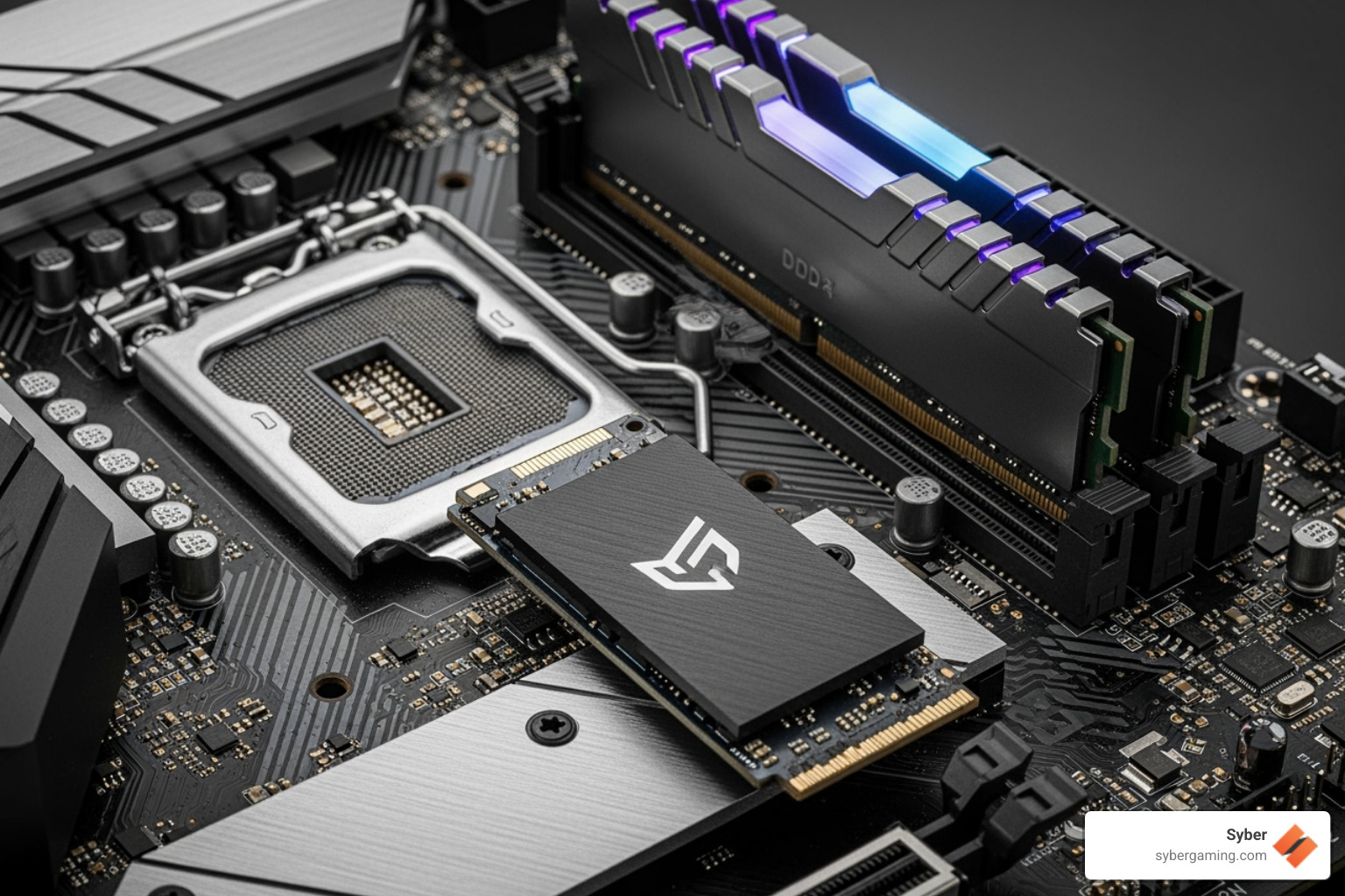 RAM sticks and an M.2 SSD installed on a motherboard - gaming desktop for streaming