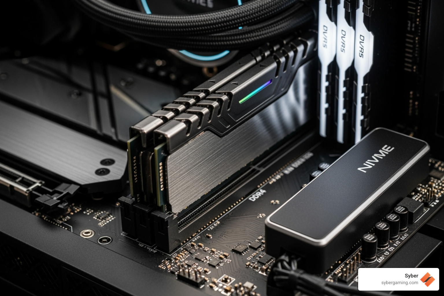 Syber internal PC components like RAM and an SSD - gaming desktop for video editing