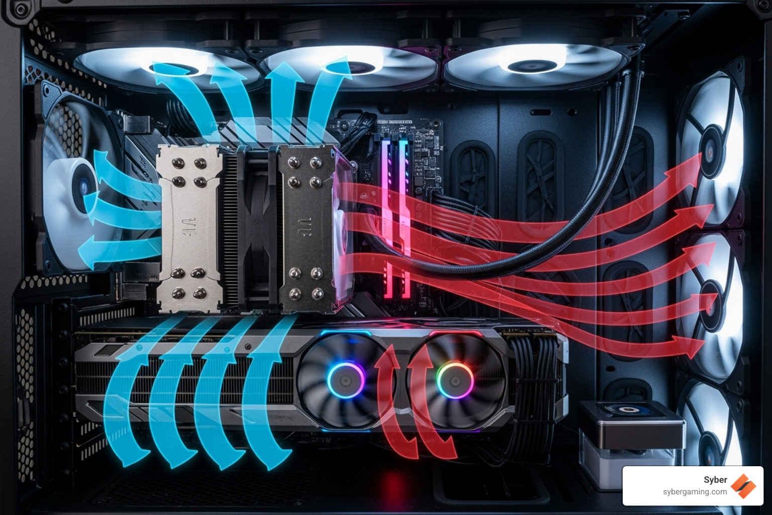 airflow path from intake fans over GPU and CPU - cube flow xl 6 rgb fans
