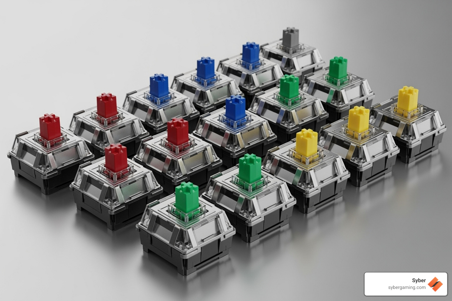 collection of colorful linear switches arranged neatly - best pre lubed switches