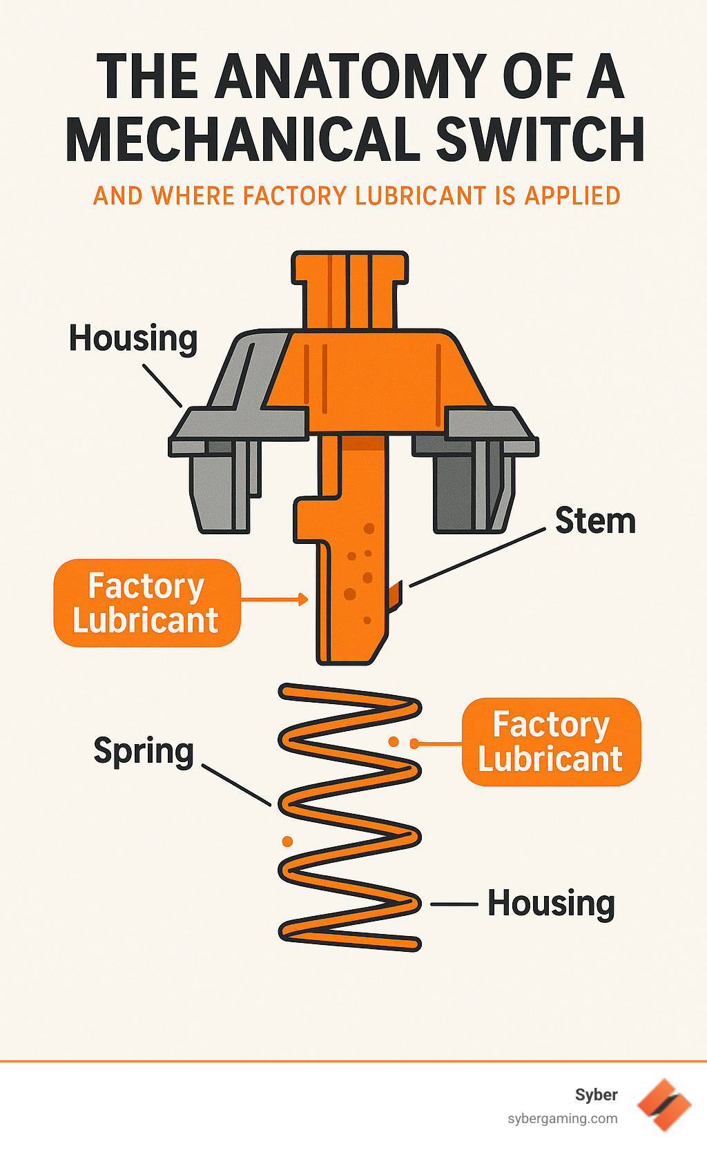 explaining the anatomy of a mechanical switch and where factory lubricant is applied on the stem and spring. - best pre lubed switches infographic 