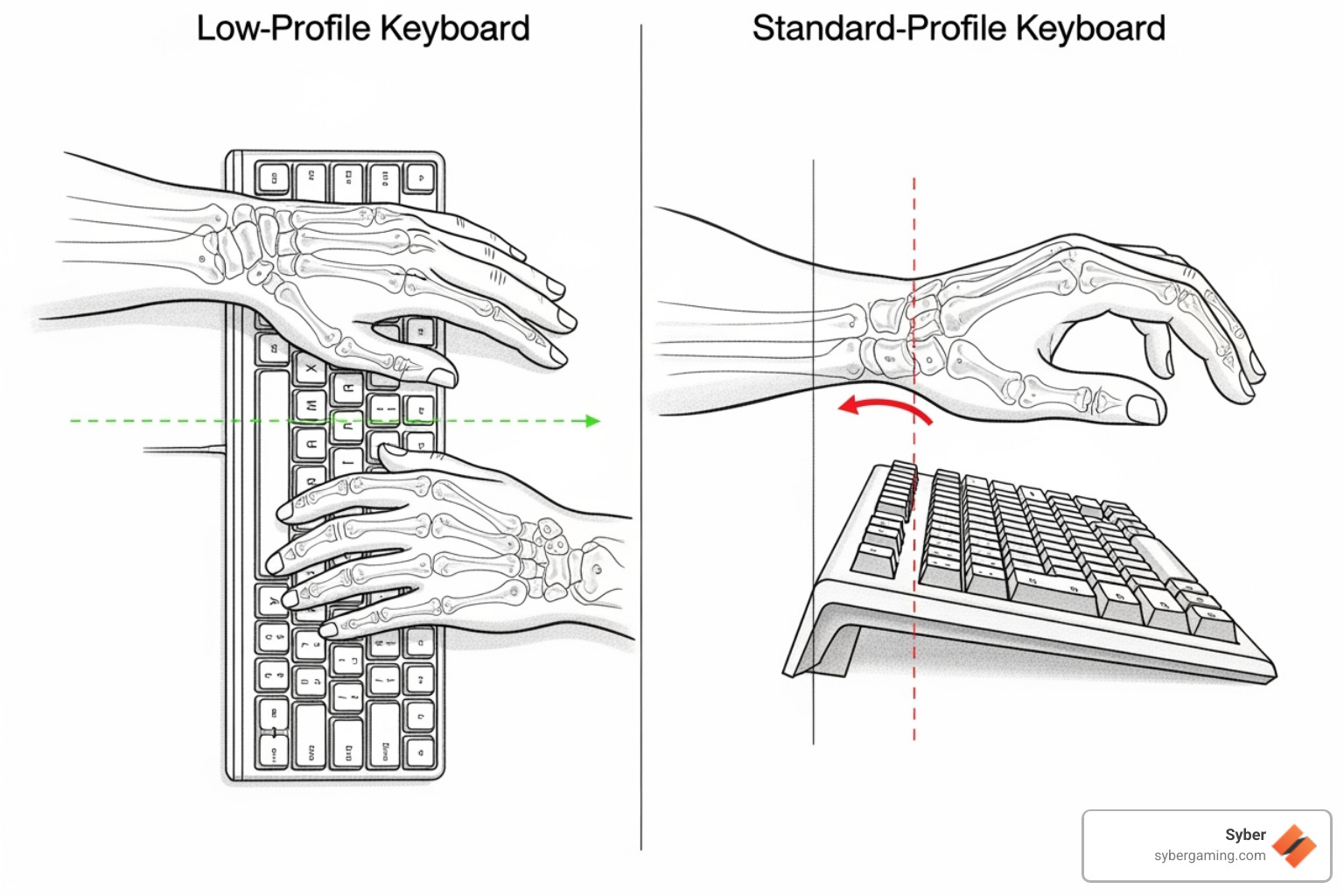 diagram comparing wrist angle on a low-profile keyboard versus a standard keyboard - are low profile keyboards better for gaming