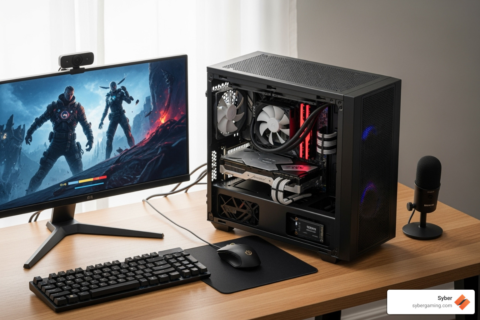 Syber motherboard with CPU, RAM, and GPU installed - budget for a good streaming gaming computer