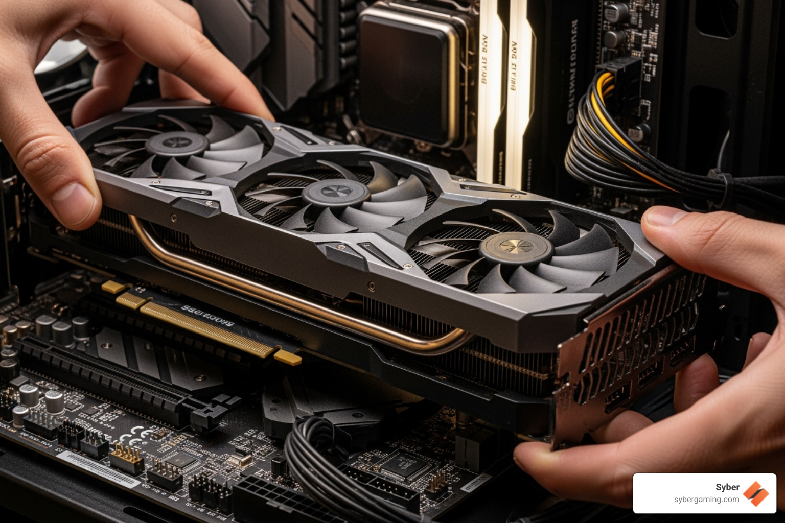 a modern graphics card being installed into a PCIe slot - good budget gaming computer builds