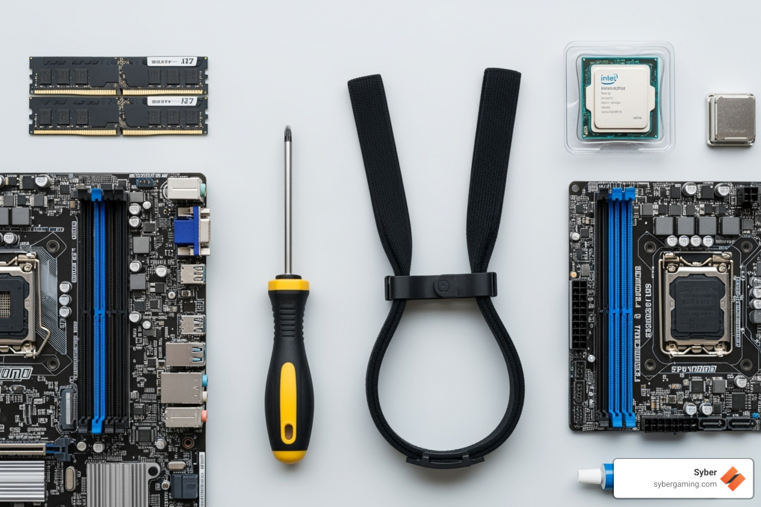 PC building tools like a screwdriver and anti-static wristband next to components - good budget gaming computer builds