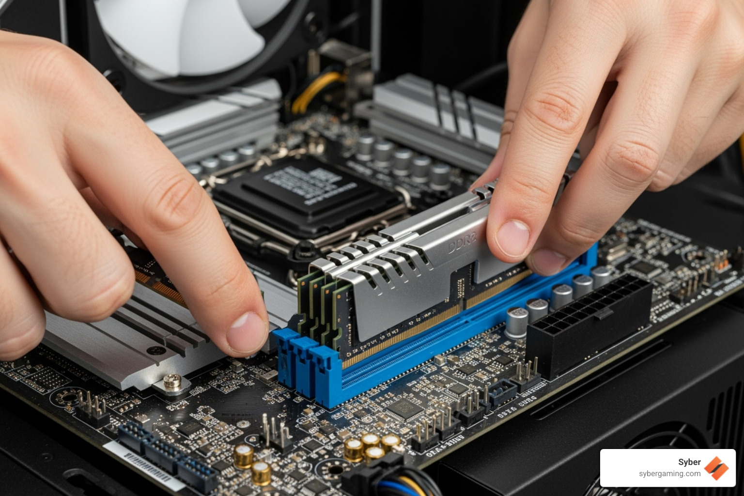 RAM sticks being installed on a motherboard - good budget streaming pc