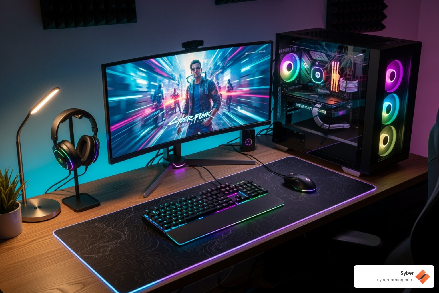 A sleek, modern Syber gaming PC setup with vibrant RGB lighting, showcasing high-performance components and a clean, organized desk, ready for an immersive gaming session. - good cheap computers for minecraft