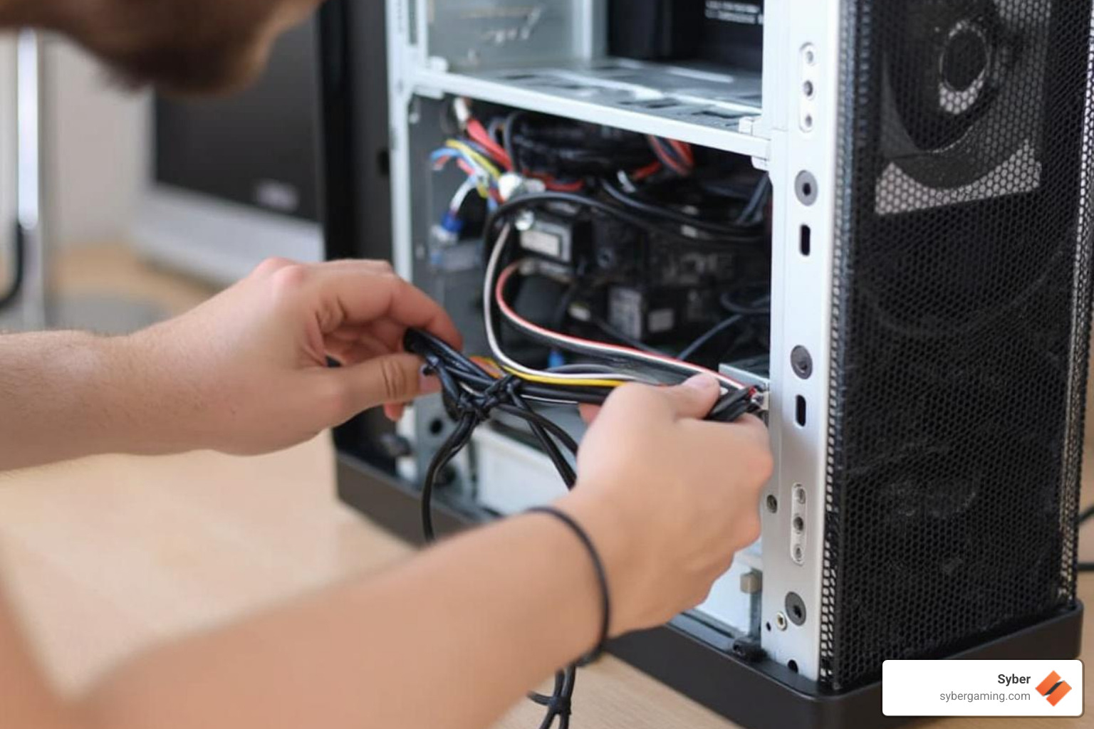 person cable-managing their new PC build - best gaming pc under 600 reddit