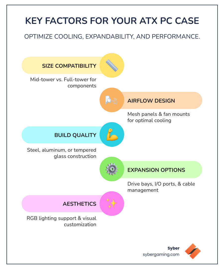 Comprehensive infographic showing ATX PC case selection criteria including size compatibility chart comparing mid-tower vs full-tower dimensions, airflow optimization features like mesh panels and fan placement, material comparison between steel aluminum and tempered glass, and essential features checklist covering I/O ports drive bays and cable management options - atx pc case infographic infographic-line-5-steps-colors