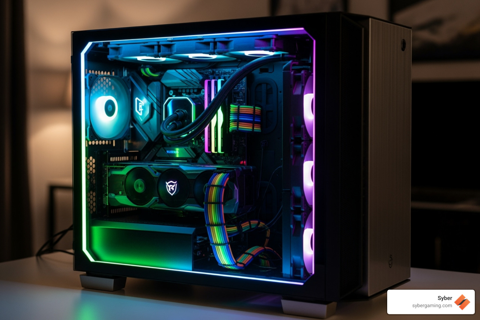 High-performance custom gaming PC with vibrant RGB lighting and a panoramic tempered glass panel showcasing internal components - atx pc case
