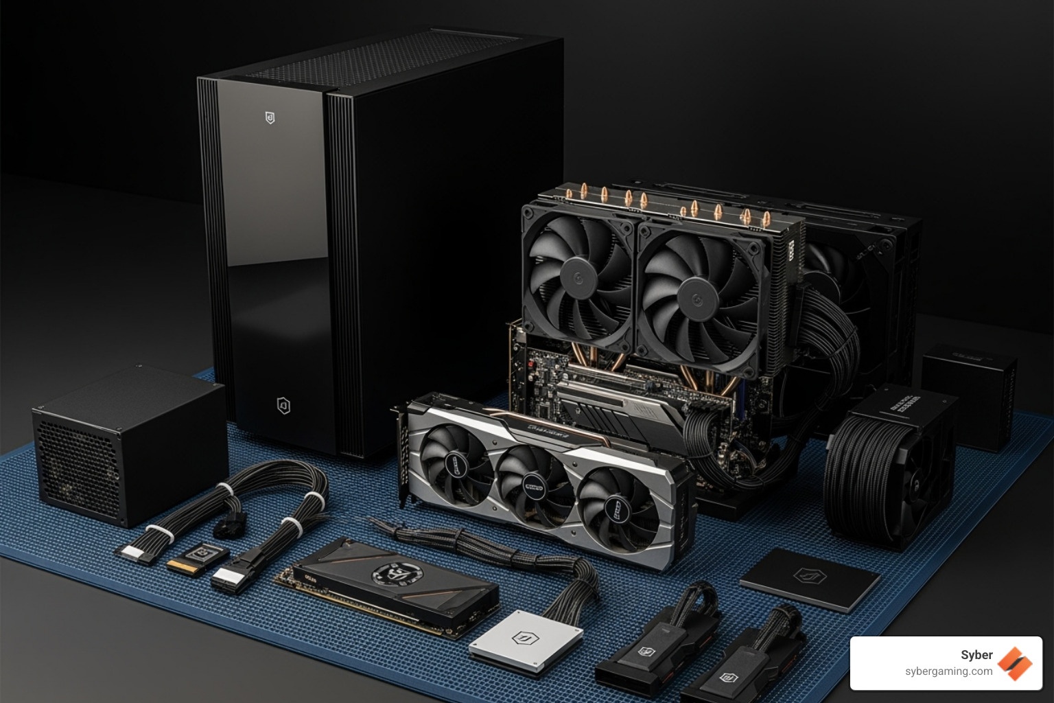 A well-organized layout of silent PC components on an anti-static mat, featuring a quiet case, large air cooler, and a GPU with multiple fans - silent gaming desktop pc