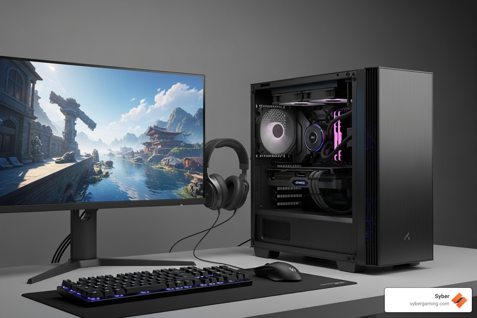A PC interior with exceptionally clean cable management highlighting airflow paths, showing large, low-RPM fans strategically placed - silent gaming desktop pc