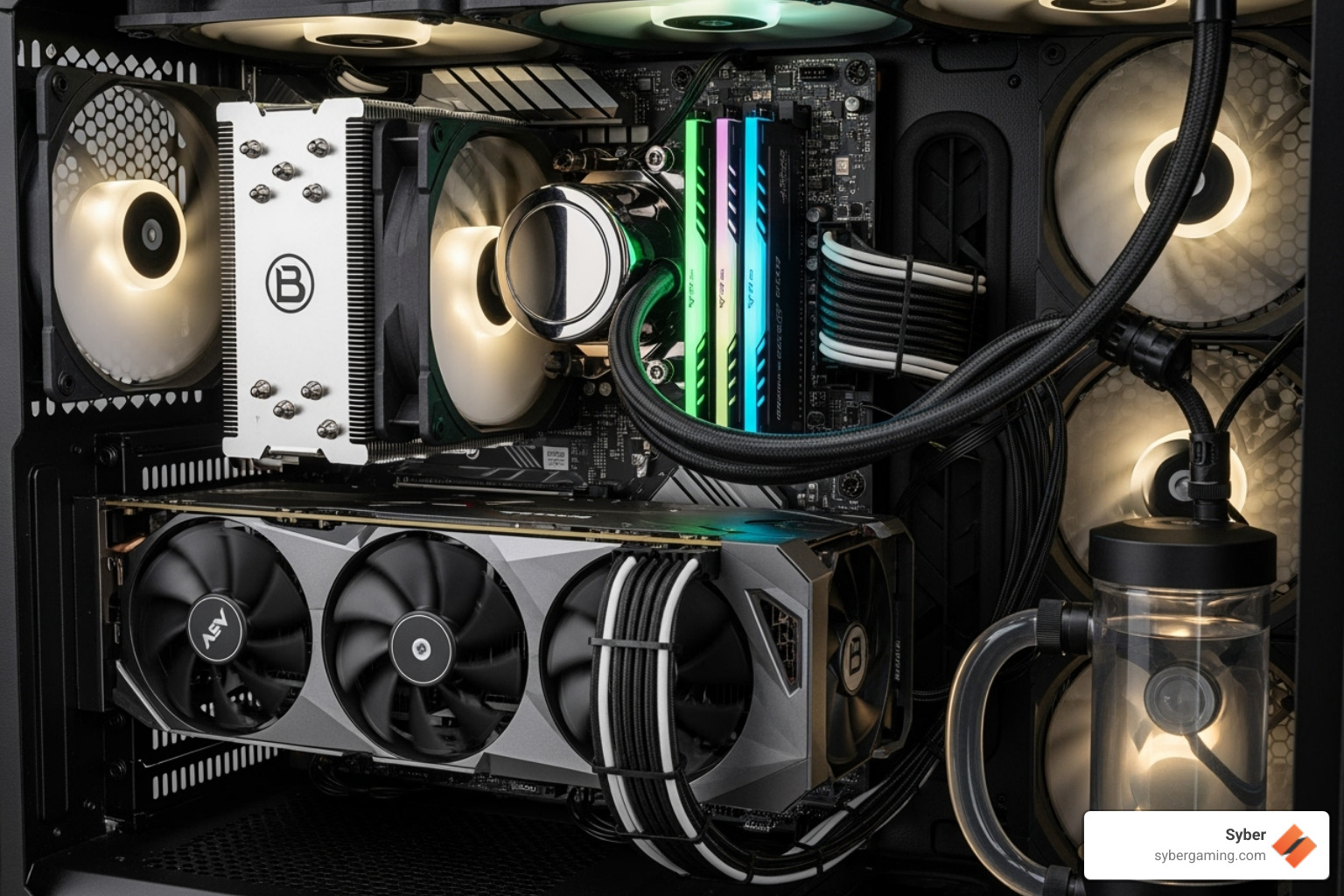 Internal components of a cleanly built gaming PC, highlighting the GPU and CPU cooler - high fps gaming pc
