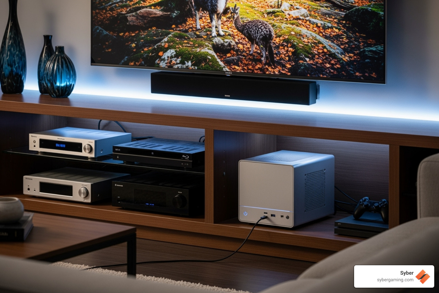 a cube PC fitting perfectly into a living room entertainment center - micro atx cube pc case