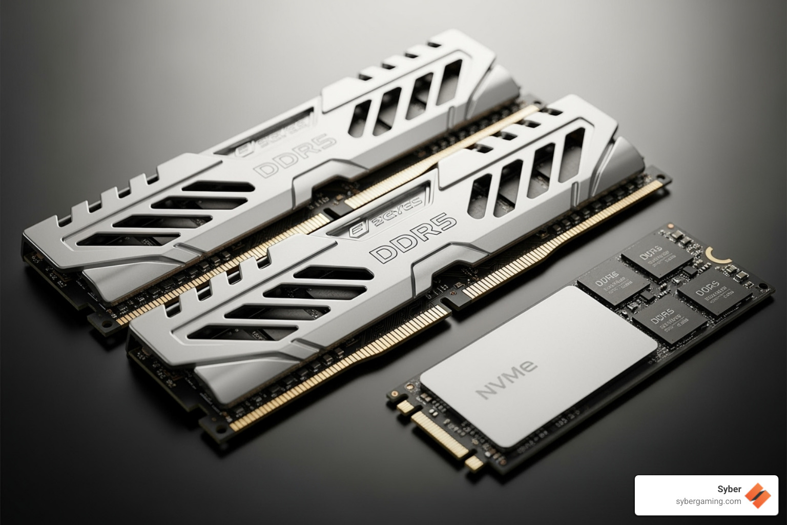 DDR5 RAM sticks next to an NVMe SSD - futureproof gaming pc build