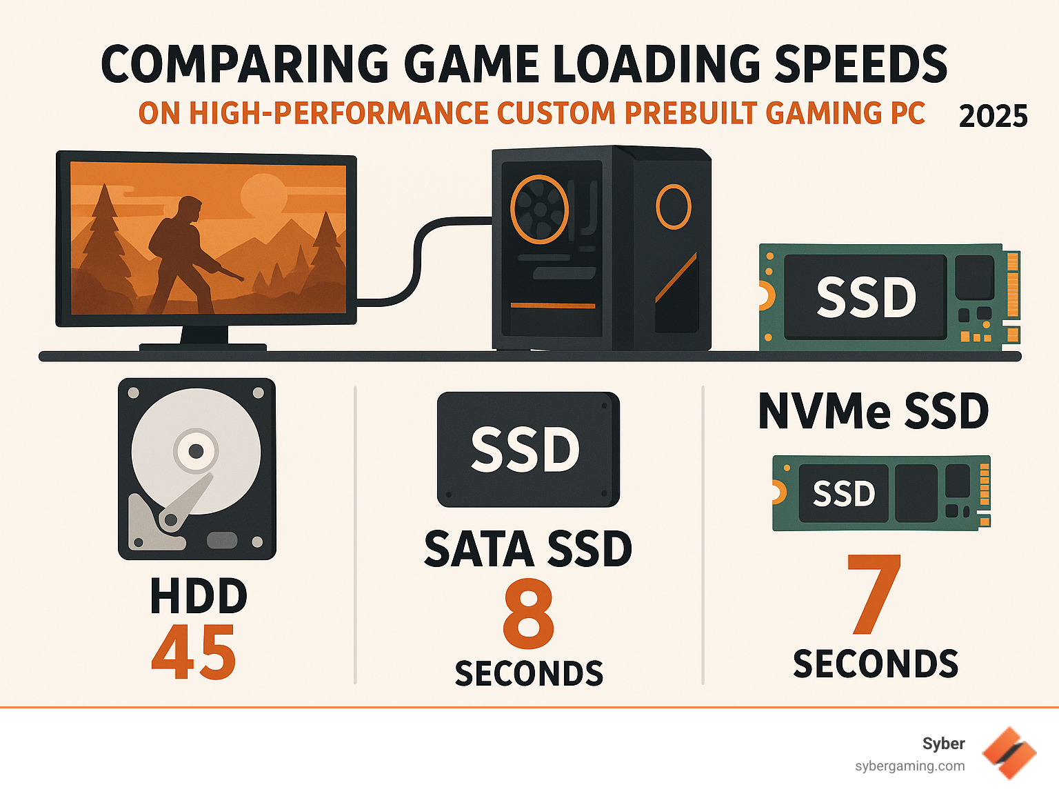Infographic comparing game loading speeds between HDD (45 seconds), SATA SSD (8 seconds), and NVMe SSD (7 seconds) on high performance custom prebuilt gaming pc with visual representations of each storage type and their respective load times for popular games - best external ssd for gaming reddit infographic 