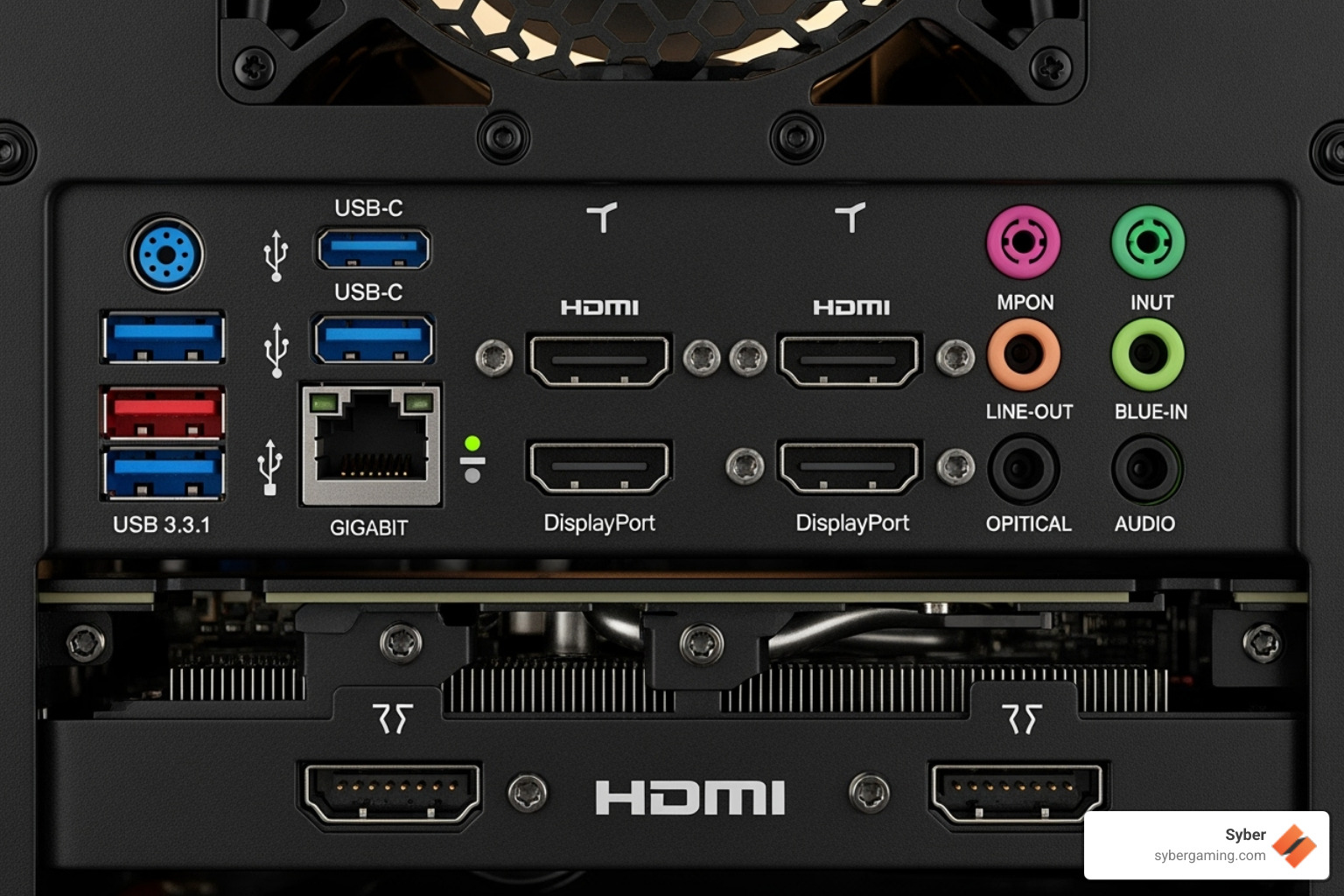 The back of a PC showing a variety of modern ports - next gen gaming pc