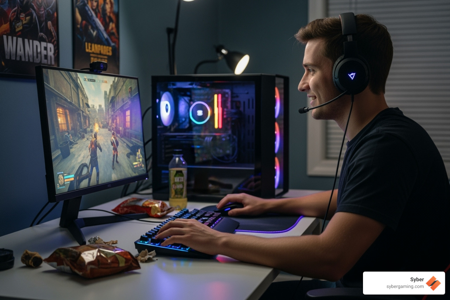 A happy gamer sitting at their new Syber gaming desktop setup, engaged in a game, with subtle RGB lighting on the PC tower. - 600 dollar gaming desktop