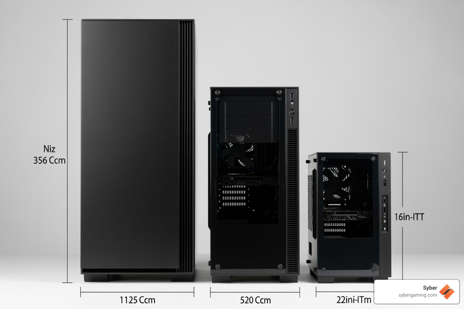 three different sized PC cases side-by-side to illustrate scale - pc case