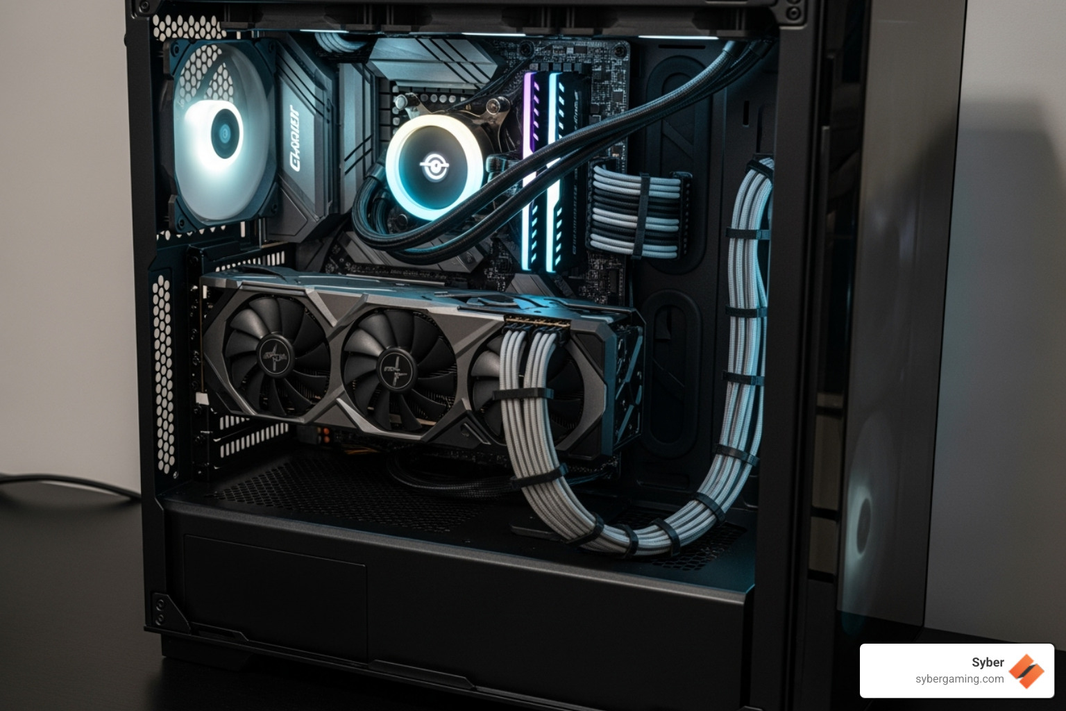 PC build with a clean interior, showcasing excellent cable management and subtle RGB lighting - pc case