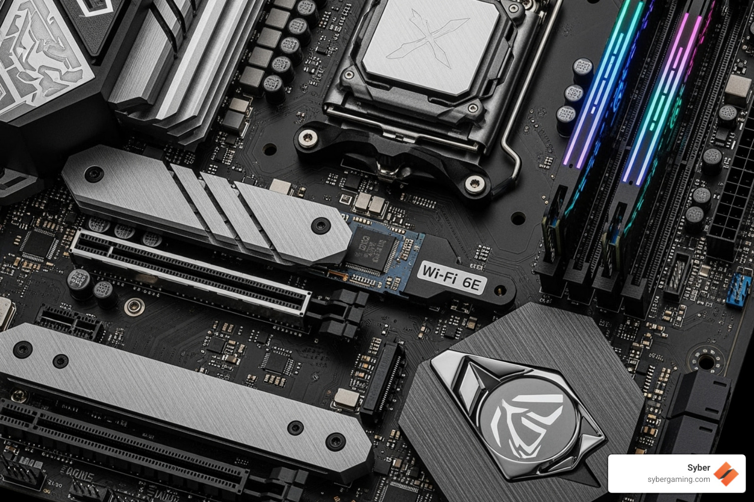 A close-up image of a high-performance motherboard with a built-in Wi-Fi 6E module, clearly showing the antenna ports and integrated chipset - gaming desktop with wifi
