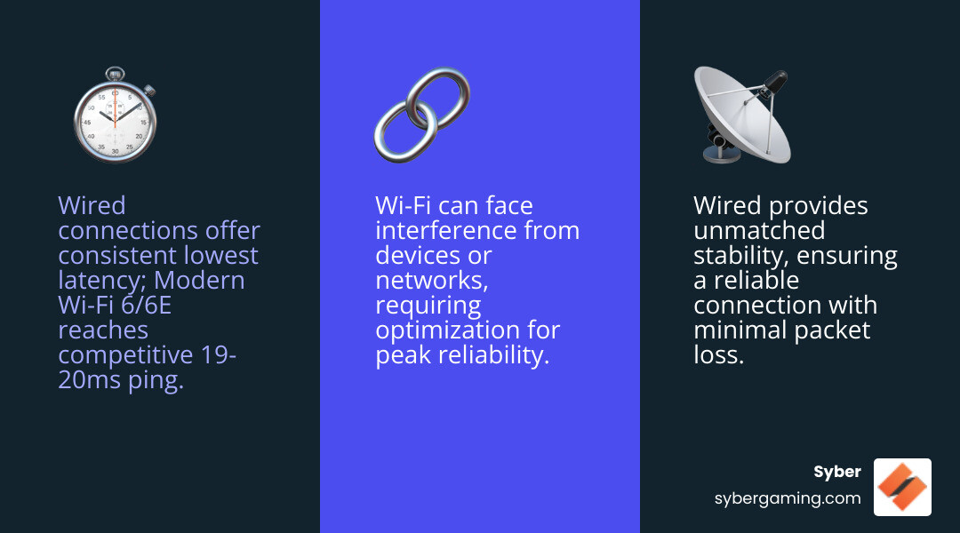 Comparison infographic showing wired vs wireless gaming performance metrics including latency, stability, and interference factors for modern gaming desktops - gaming desktop with wifi infographic 3_facts_emoji_blue