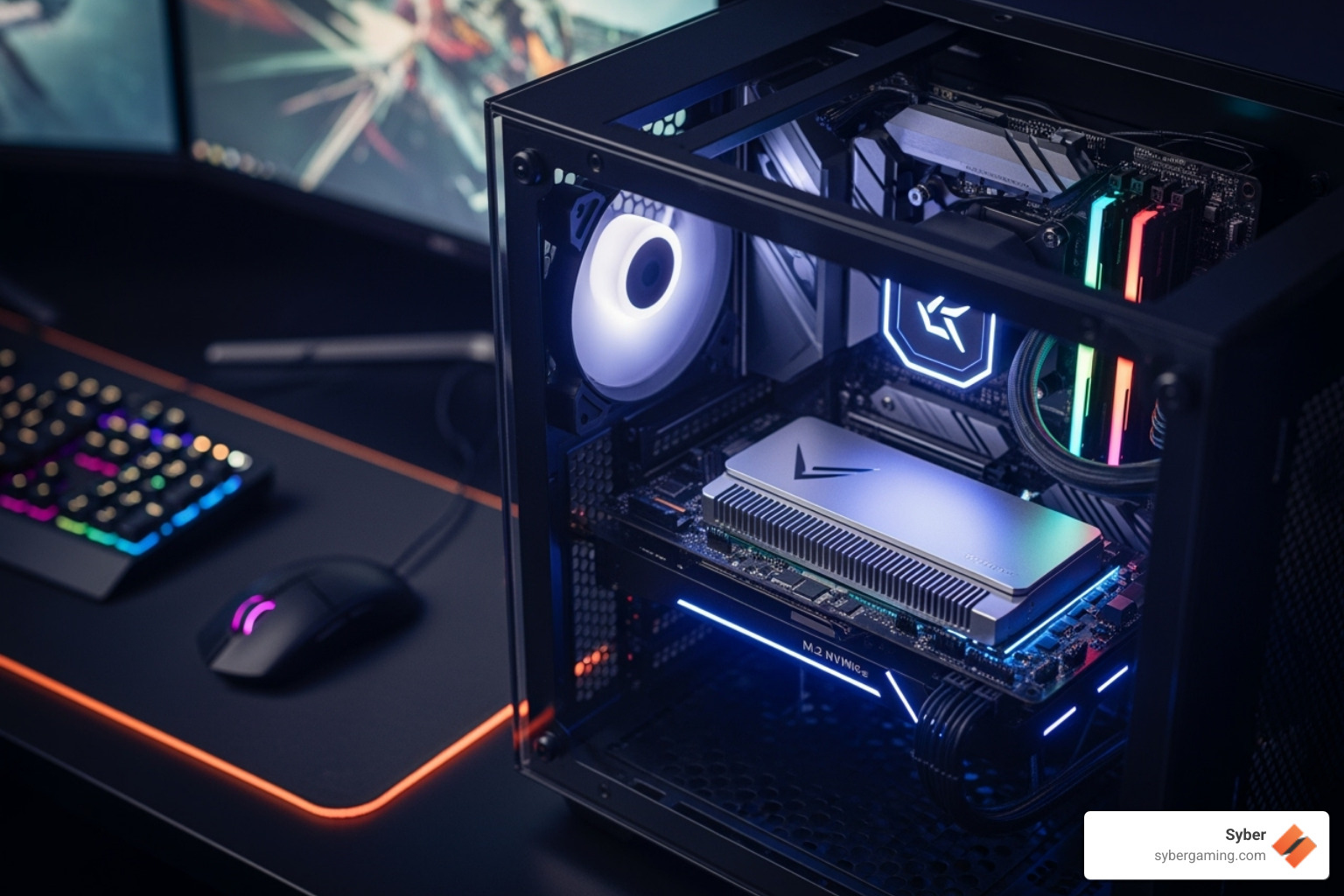 complete, glowing Syber gaming PC interior - best ssd for gaming