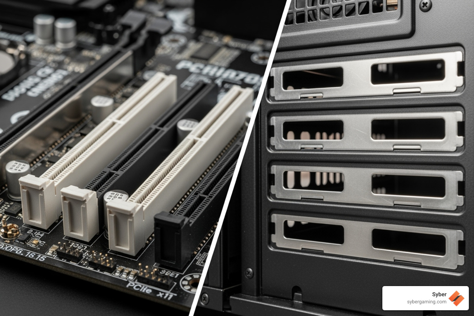 showing a side-by-side comparison of a motherboard's PCIe slots and a case's empty slot brackets - atx case expansion slots