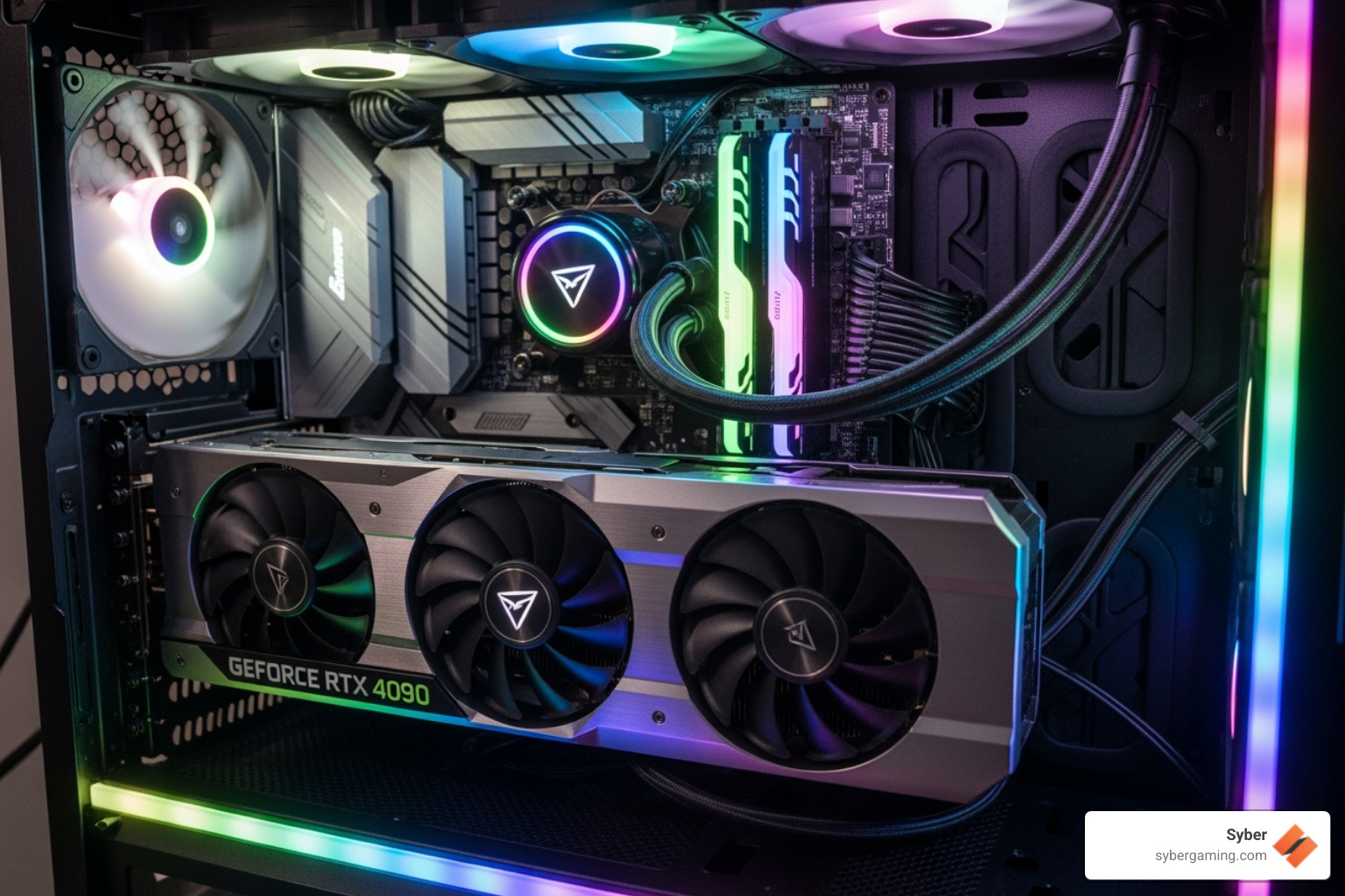 of a high-end graphics card installed in a gaming PC, with RGB lighting visible - atx case expansion slots
