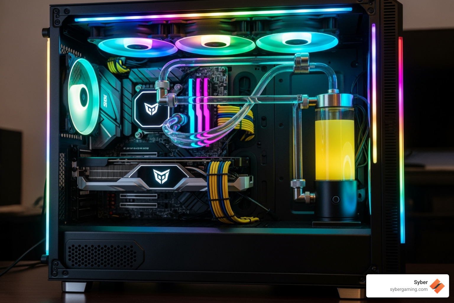 custom liquid-cooled PC with intricate tubing and vibrant lighting - gaming gear california