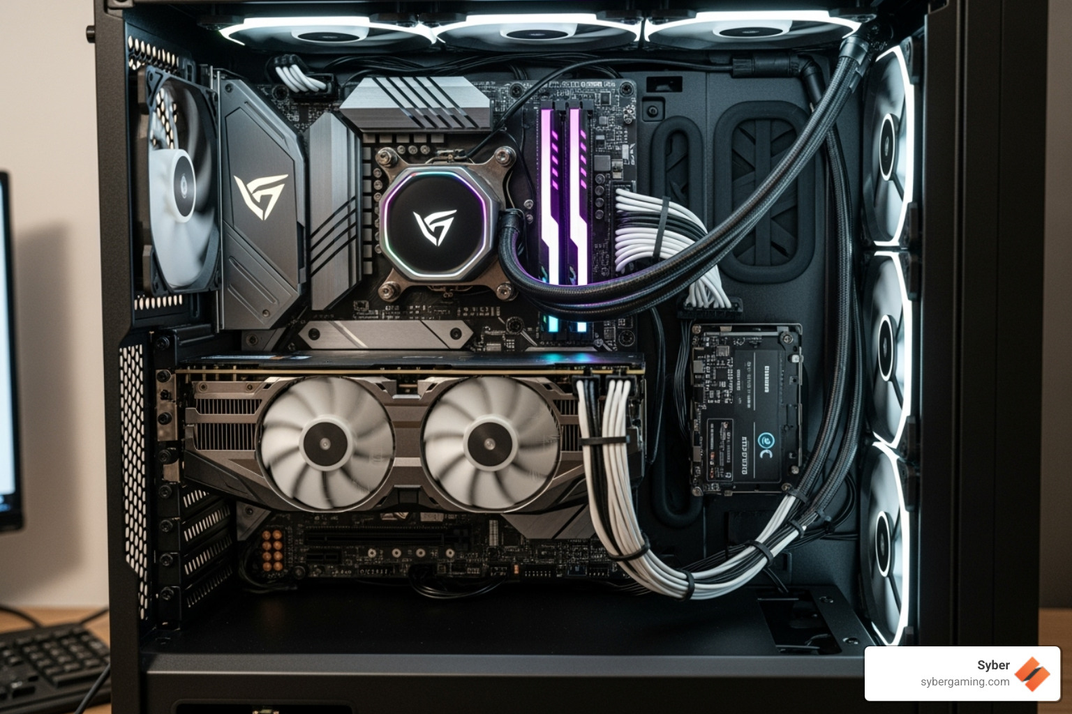 clean, well-lit PC interior showing the main components - gaming gear california