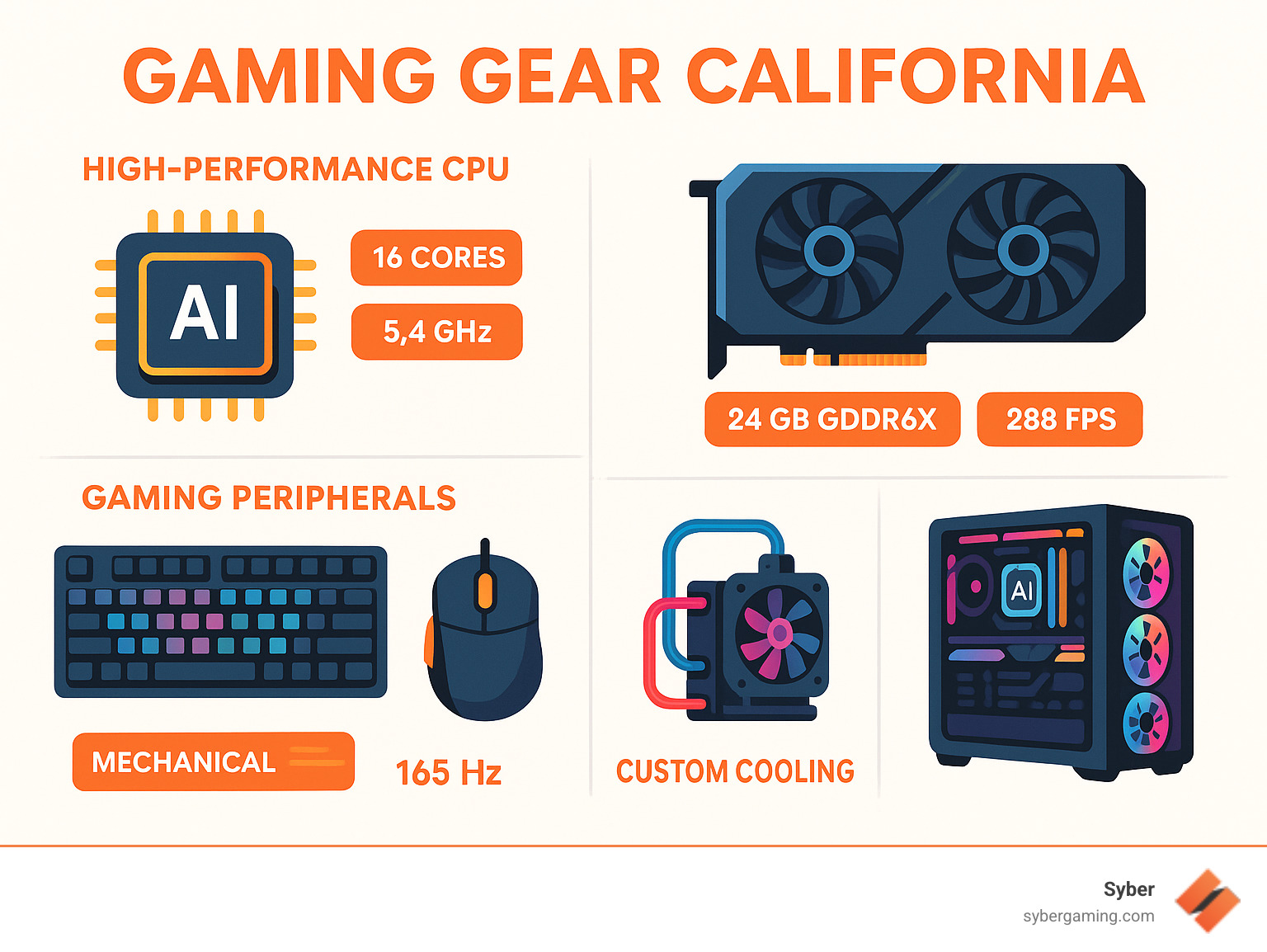 Detailed infographic showing essential gaming gear components for California gamers including high-performance CPU and GPU specifications, gaming peripherals like mechanical keyboards and high-refresh monitors, custom cooling solutions, and AI-improved features with price ranges and performance metrics - gaming gear california infographic 