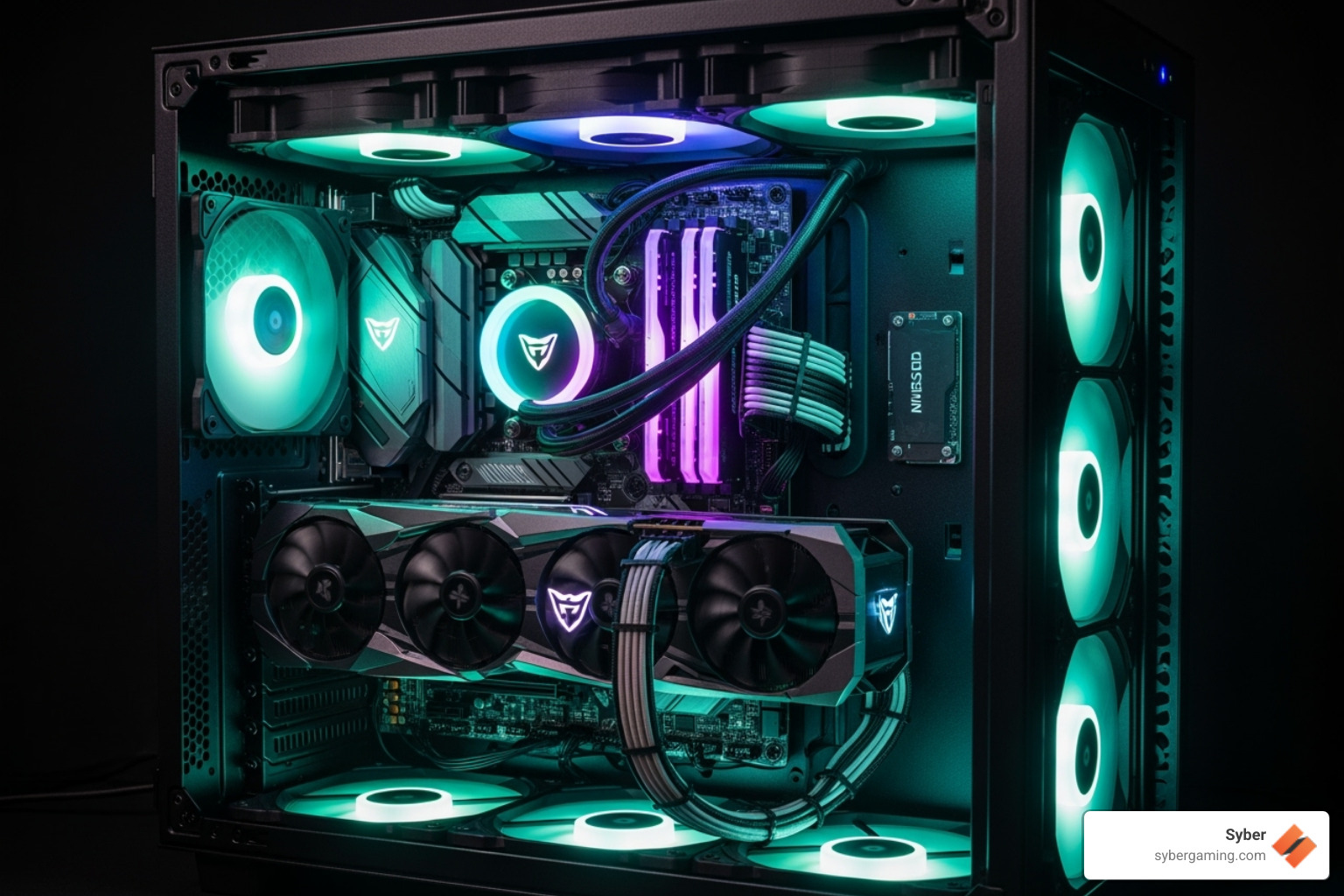 A sleek gaming PC case with visible internal components, showcasing excellent airflow and vibrant RGB fans - gaming desktop for beginners